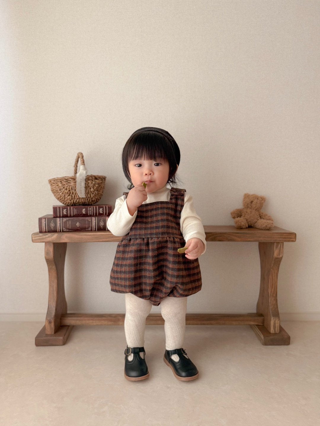 Ollie check suspender rompers