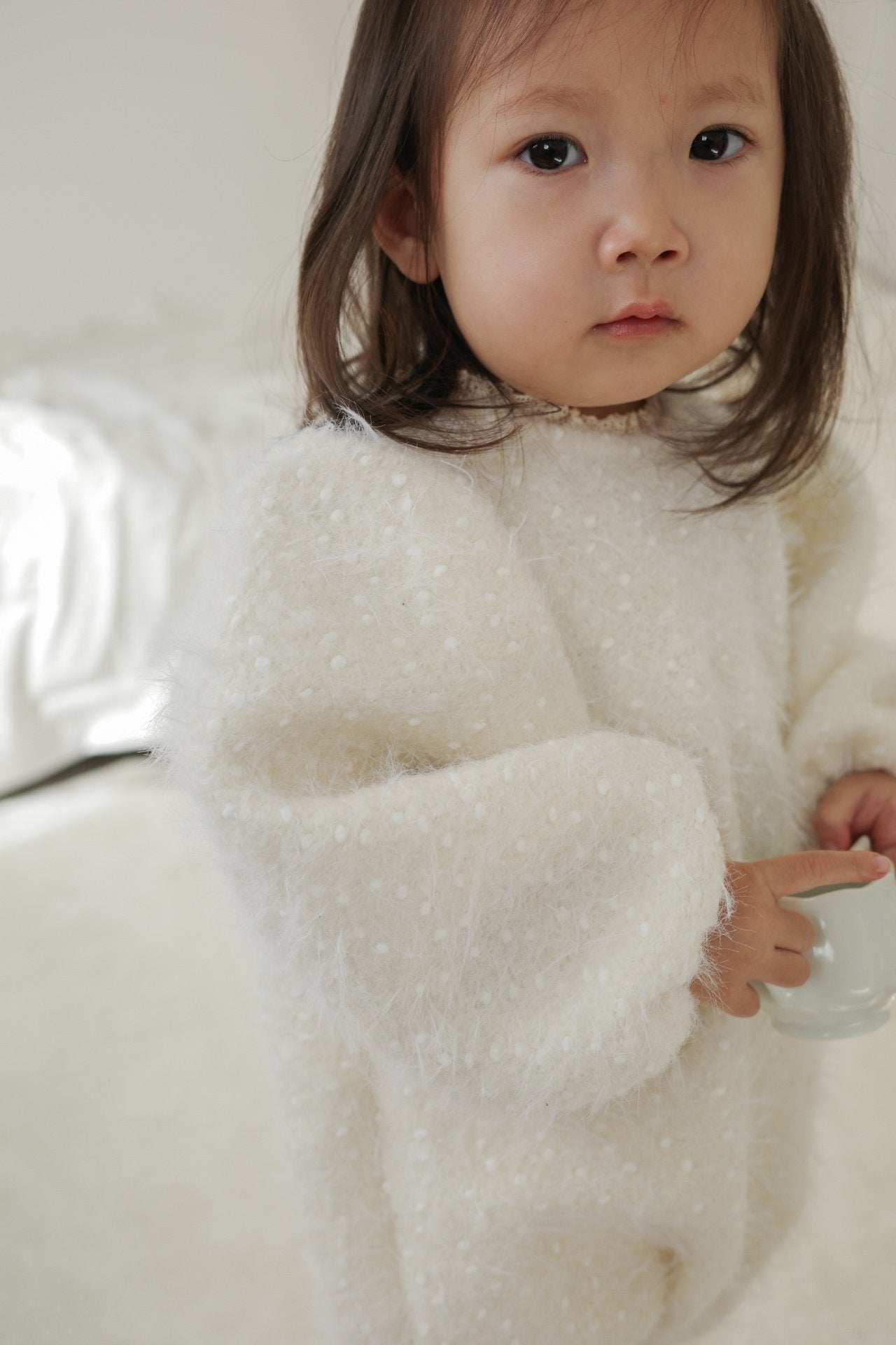 Puff sleeve wool rompers