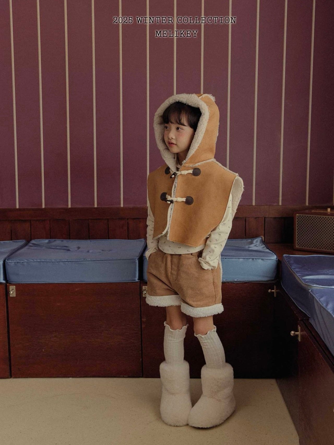 Shearling hooded cape