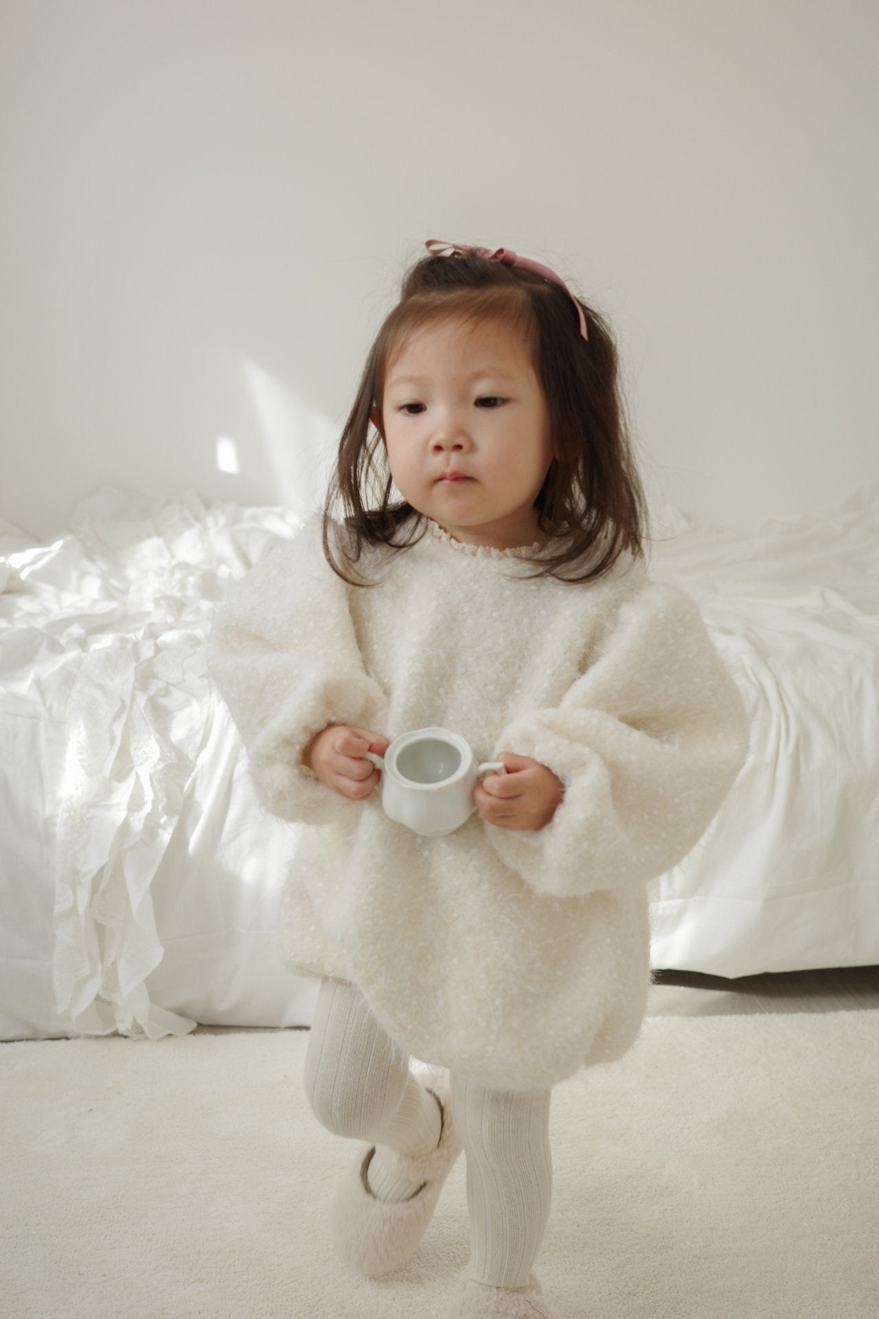 Puff sleeve wool rompers