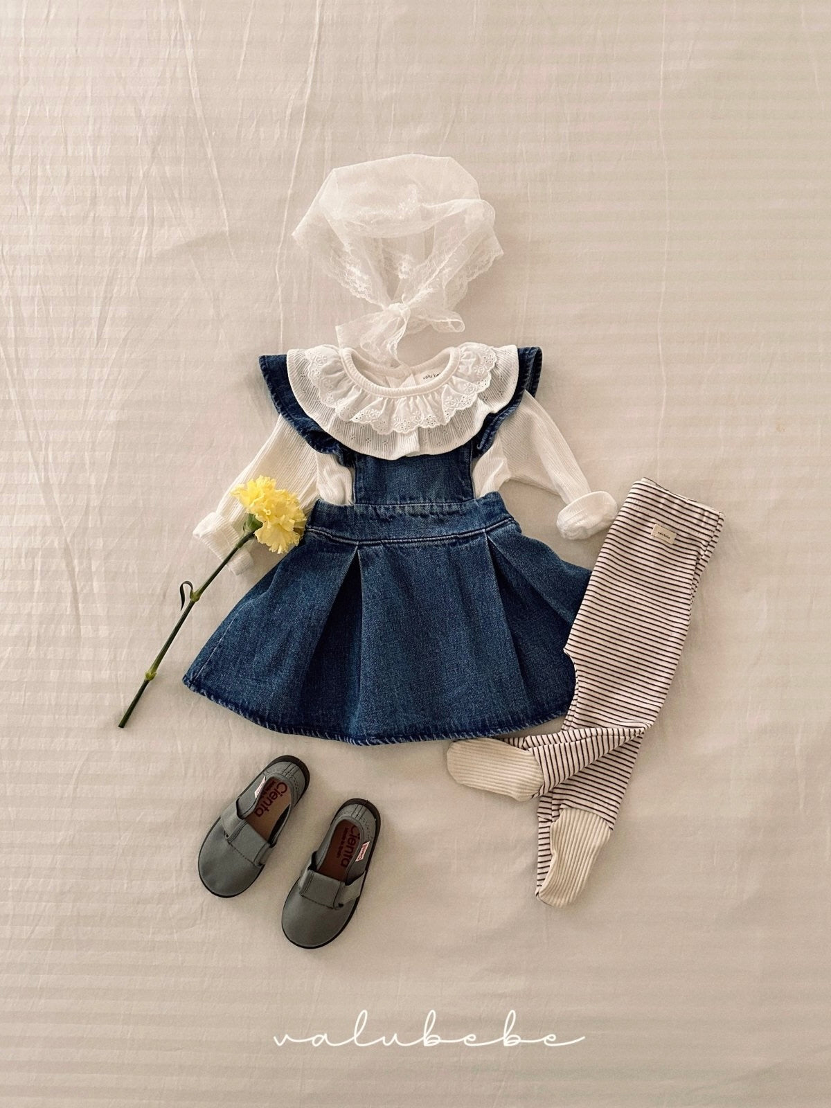 Frill wing denim one piece