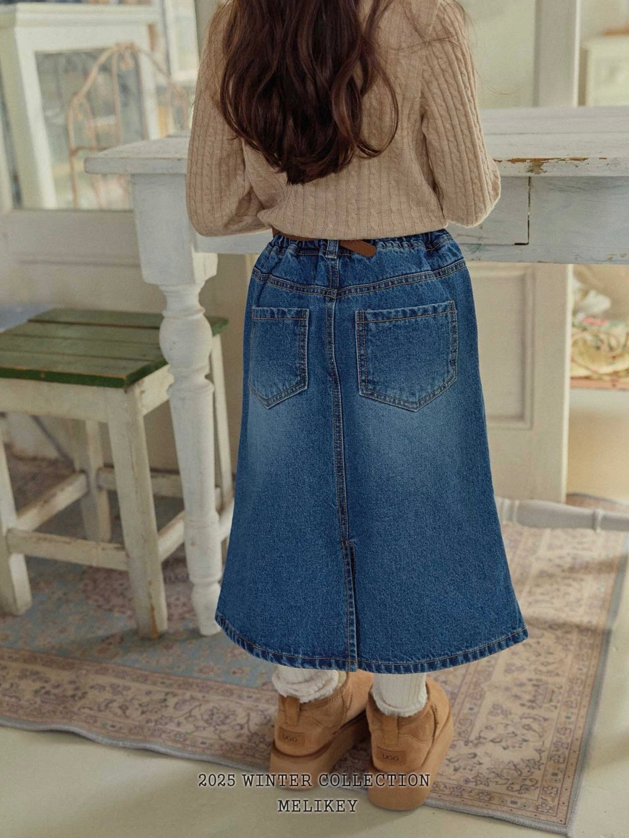 A-line long denim skirt